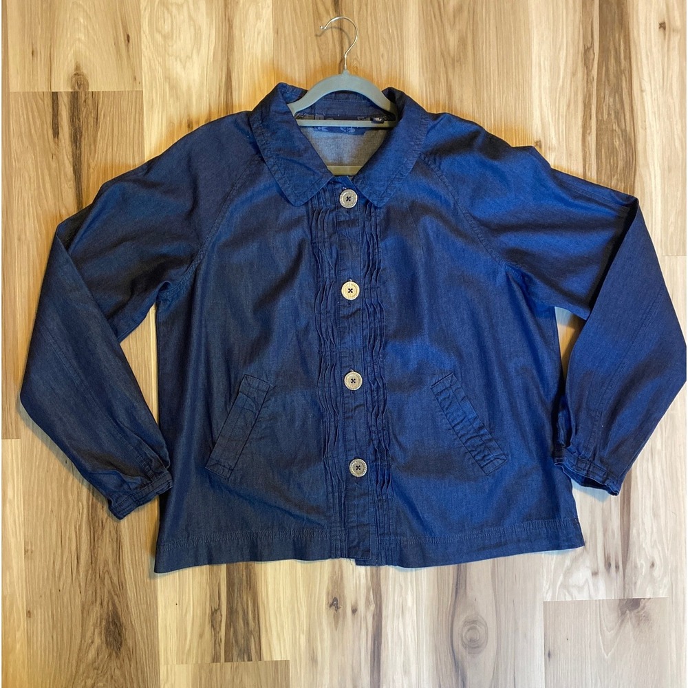 Susan Graver Style Womens Blue Denim Ruffle Front Button Jacket Medium Cotton